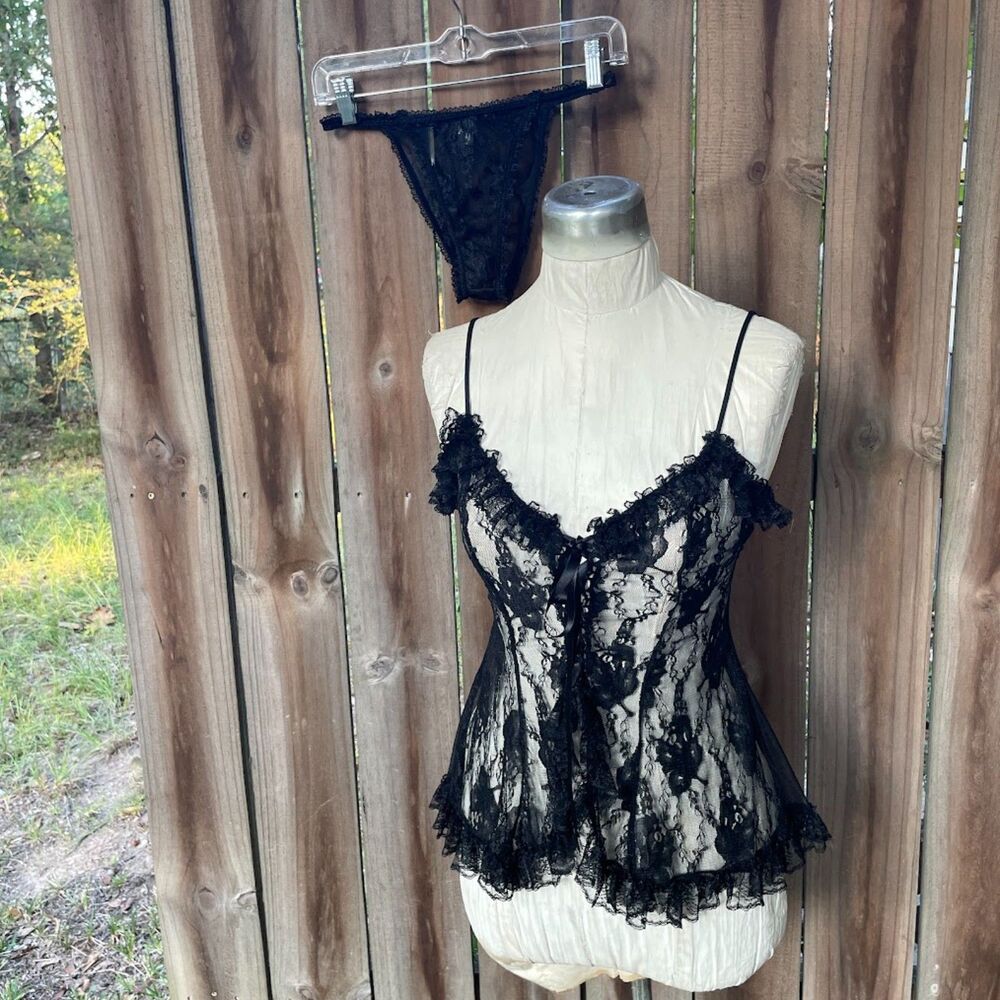 Vintage CINEMA ETOILE Lingerie BABYDOLL String Bikini Black Lace Chiffon Set M